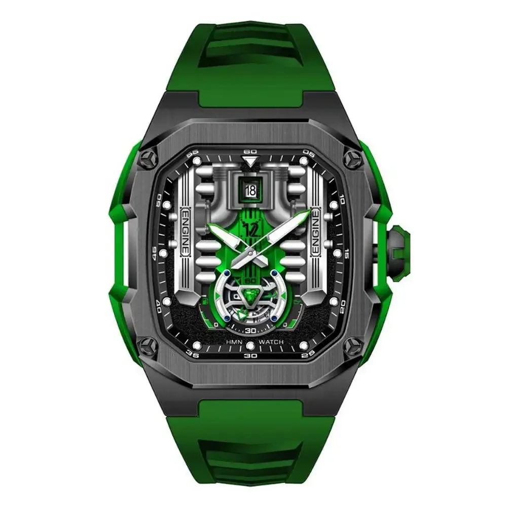 HMN V12 Phantom Engine Skeleton Watch with Green Silicone Strap